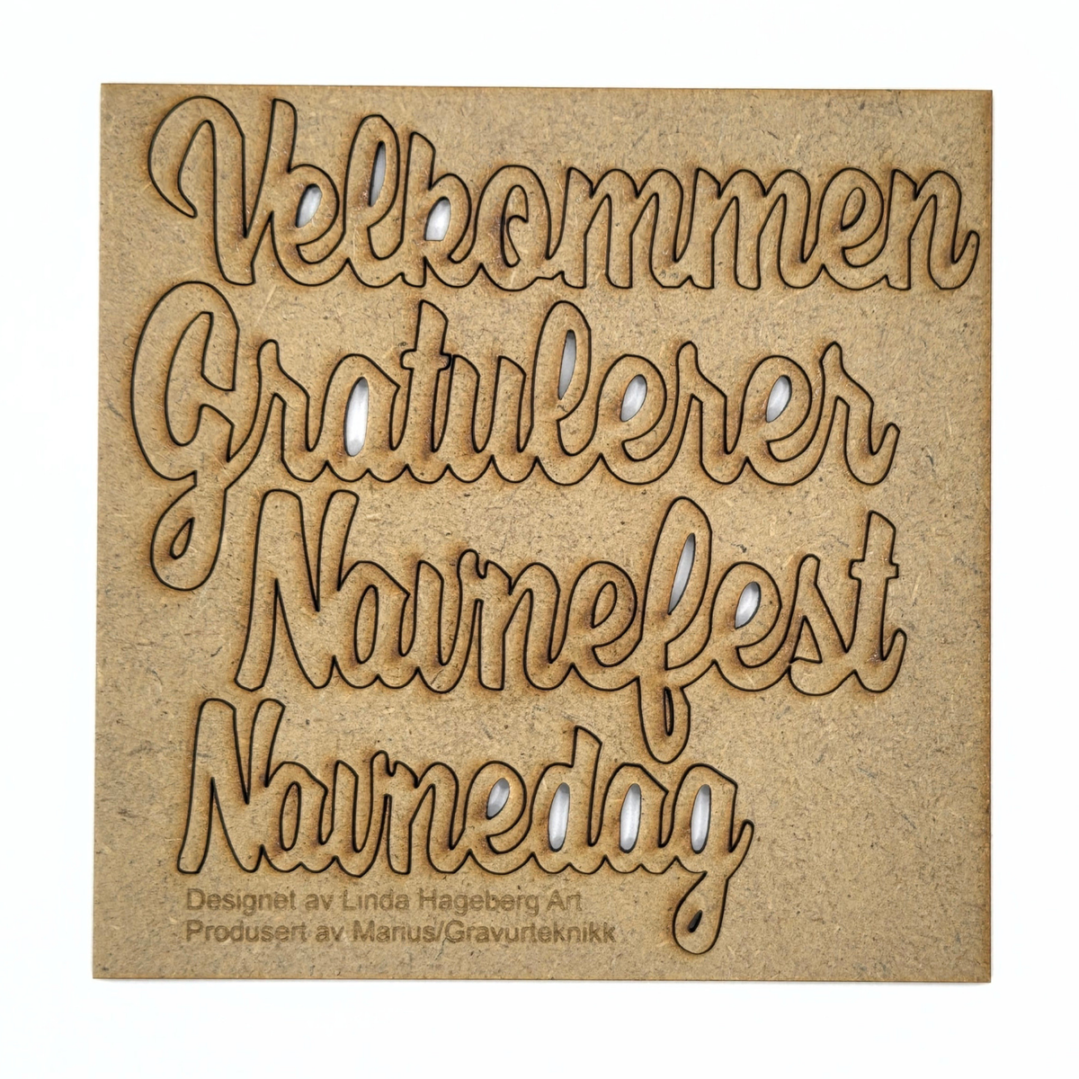 Navnedag og navnefest - chipboardplate med fire ord